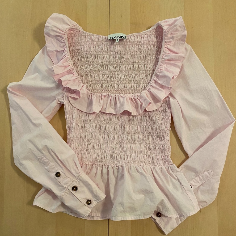 Ganni pink square neck blouse with ruffles sz 32